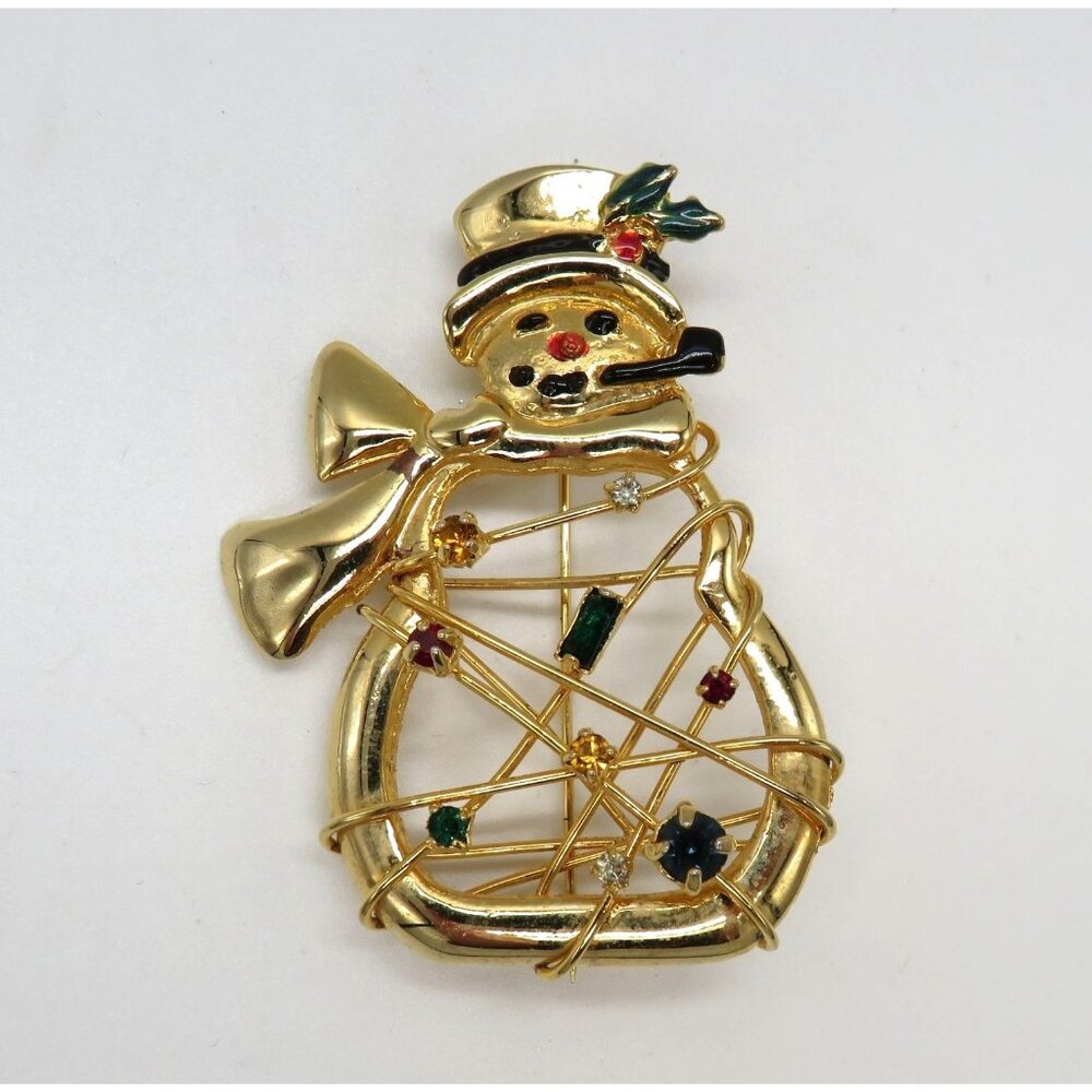 Vintage Snowman Brooch Gold Tone Enamel Rhinestone‎ Christmas Wire Wrapped